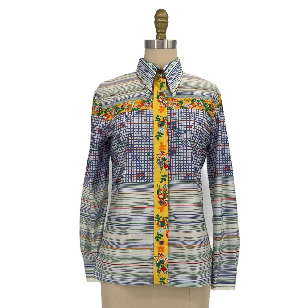 Vintage 70s Loubella Extendables Nylon Striped Button-Up Shirt XS/S Disco/Scandi